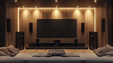 Modern home theater with cozy seating and speakers.