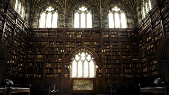 Opulent library interior featuring bookshelves, architecture, gothic windows and classic design elements, showcasing knowledge, history, and learning