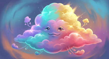 Whimsical rainbow cloud smiling gently with joyful colors, perfect for dreamy designs & kids