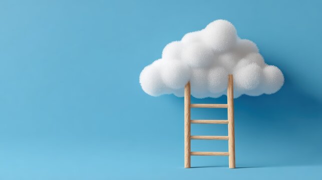 Dramatic White Cloudscape with a Sturdy Wooden Ladder on a Vibrant Blue Background Inspiring Heights and Dreamy Serenity.