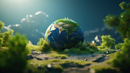 a lush, vibrant, and detailed digital illustration of planet Earth resting on a mossy, forest-like ground, with glowing rays of sunlight shining through the foliage, creating a dreamlike, ethereal atm
