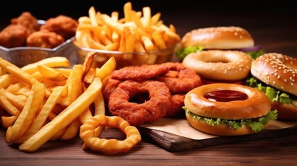 a plate of fast food, including a hamburger, french fries, onion rings, chicken nuggets, and soda, on a wooden table, dark background
