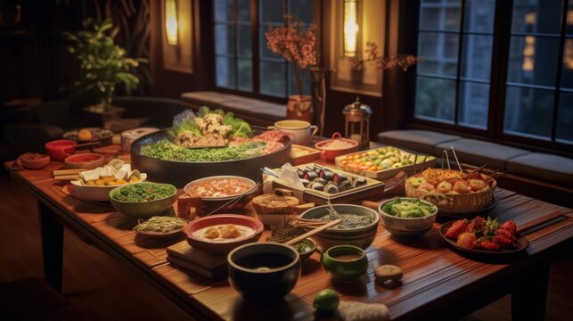 a large table with a variety of traditional Mexican dishes, including tacos, burritos, salsas, rice, beans, and other vibrant, colorful foods, set in a warm, rustic restaurant interior with wooden bea