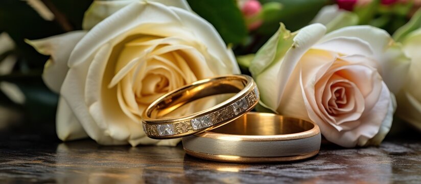 two golden rings placed on a wooden table with white and beige roses in the background, detailed product shot, high resolution, studio lighting, canon 5d mark iv, 50mm lens, f/2.8, ISO 100
