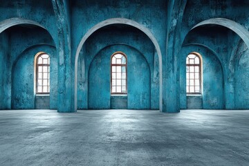 Fototapeta premium Vast, arched hall with teal walls, aged windows, and concrete floor