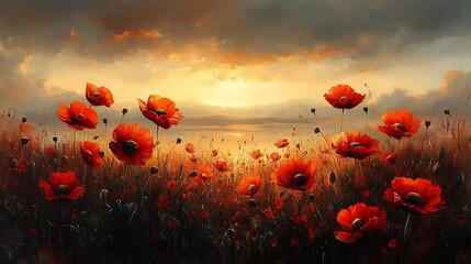 Obraz premium Peaceful meadow covered in blooming red and orange poppies stretching towards the horizon under a clear sky with morning dew glistening on each delicate petal in gentle sunlight