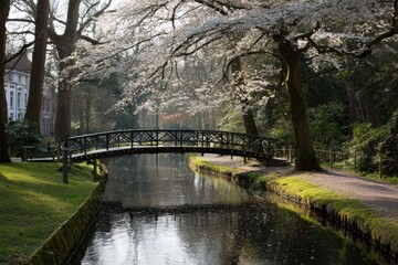 Tranquil canal scene with blossoming trees and footbridge