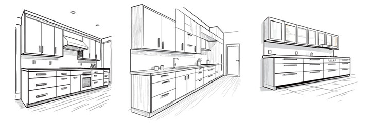 This design features a sketch of a contemporary kitchen with sleek cabinetry and ample counter space. The layout emphasizes organization and functionality for cooking and dining.