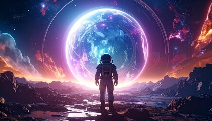 Obraz premium Astronaut discovery of new worlds of galaxies panorama, fantasy portal to far universe. 