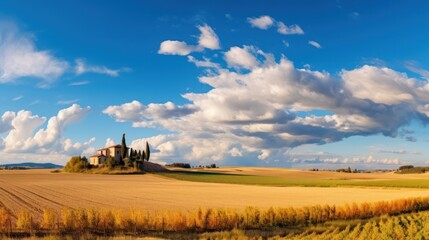 dramatic golden wheat field, medieval castle on hilltop, vibrant blue sky, fluffy white clouds, cinematic landscape, epic fantasy, digital art, highly detailed, photorealistic, unreal engine
