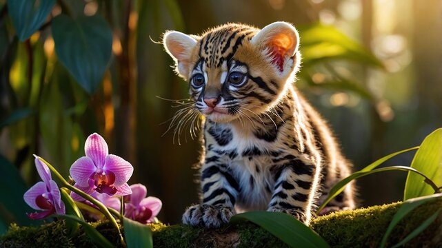Playful young ocelot cub exploring a vibrant tropical environment with blooming orchids in sunlight