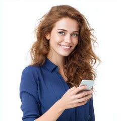 Fototapeta premium Smiling Woman Using Smartphone , white background cut out PNG