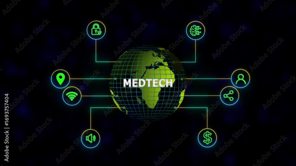 Poster medtech medical technology information , new business concept tee icon attached around the map featu