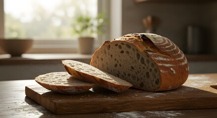 Sliced artisan bread on wooden board