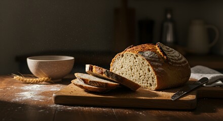 Artisan bread slices on wooden board