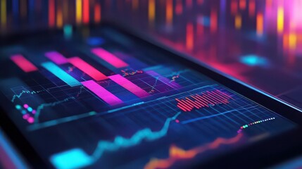 Close up of a digital display showing financial charts and graphs in vibrant neon colors on a screen