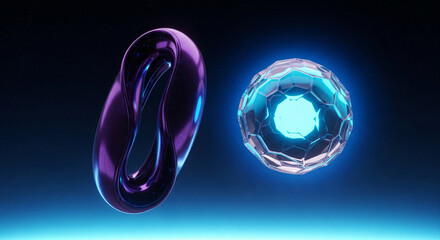 High-Quality 3D Abstract Shapes Render – Floating Mobius Strip and Glass Object with Gradient Backgrounds