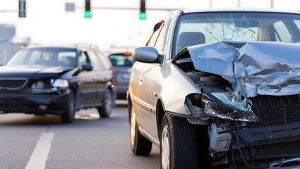 Fototapeta premium Damaged car after accident with crumpled hood and broken windshield highlighting the consequences of reckless driving and importance of road safety measures