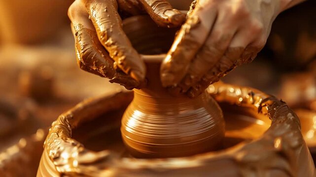 a potter's hands shaping clay on a spinning wheel, capturing the intricate process of pottery making in a rustic
