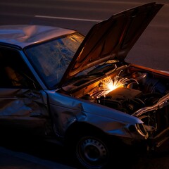 Damaged car with sparks and open hood representing an accident repair needed urgently on a dark evening on the road