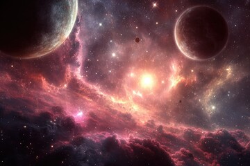 Glowing nebula with planets and stars