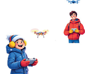 Vsai children playing with drones in winter, piloting quadcopters remotely