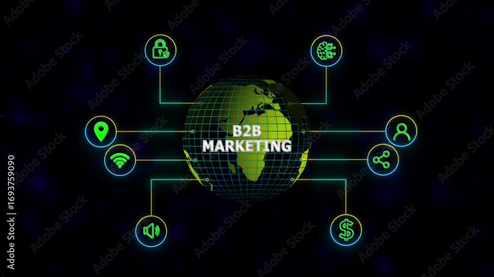Poster b2b marketing company commerce technology, new business concept tee icon attached around the map fea