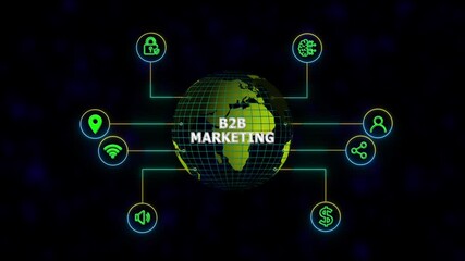 B2B marketing company commerce technology, new business concept tee icon attached around the map features the concept of network and technology confirmed the map is rotating