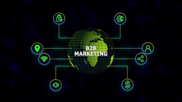 B2B marketing company commerce technology, new business concept tee icon attached around the map features the concept of network and technology confirmed the map is rotating