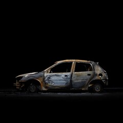 Devastated Car Remains A Haunting Glimpse of Destruction and Loss Isolated on Black Backdrop Representing Catastrophe