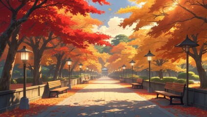 Illustration background of a Japanese forest garden in spring