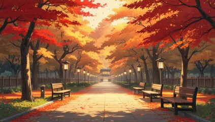 Illustration background of a Japanese forest garden in spring