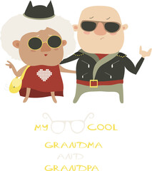 Cool grandma and grandpa wearing in leather jacket. Vector illustration
