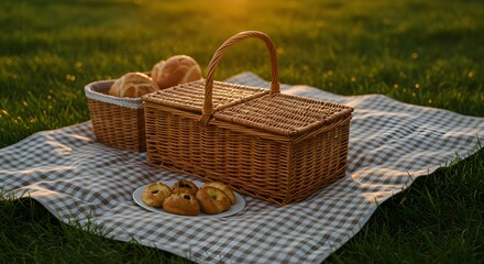 Picnic basket with bread and treats