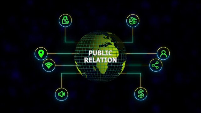 PR Public relation management. Business, new business concept ,tee icon attached around the map features the concept of network and technology confirmed the map is rotating ,specify all icons