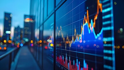 Blue-toned building reflects stock data against bokeh-lit city background - Powered by Adobe