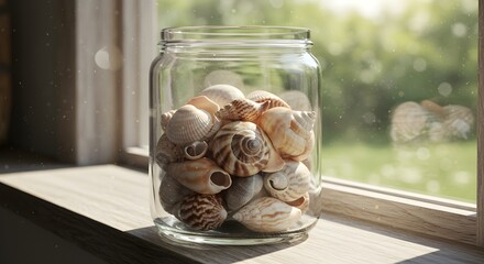 Seashells in glass jar windowsill