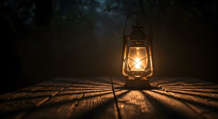 Vintage lantern illuminates dark woods