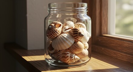 Seashells in glass jar