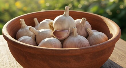 Fresh garlic bulbs in bowl