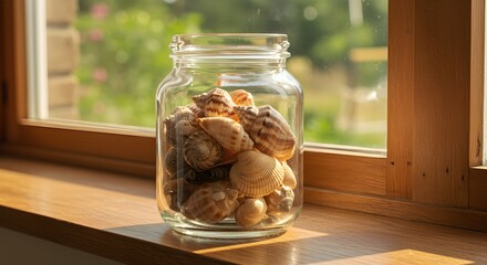 Seashells in glass jar windowsill