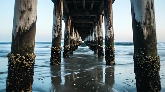 Underneath pier view, wooden posts, ocean waves, wet sand, fading sky background