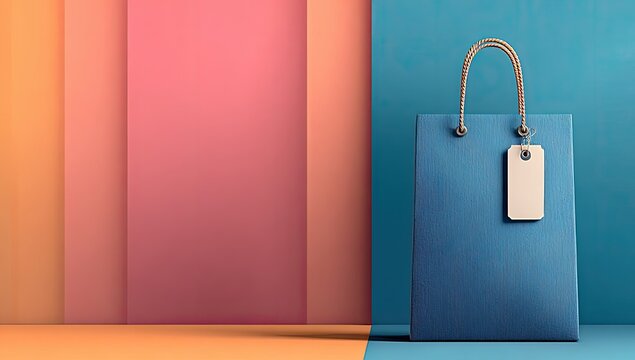 Blue shopping bag on colorful backdrop