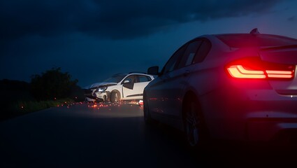 Nighttime car accident scene with damaged vehicles emergency road flares and dark ominous sky showcasing the aftermath of a collision and the somber atmosphere