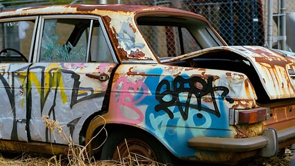 Old Abandoned Car with Graffiti and Rusting Body in Urban Decay Scene Featuring Broken Windows and Faded Paint Art