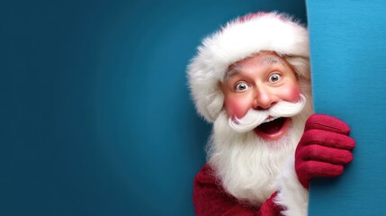 Excited Santa Claus peeking from behind blue wall corner