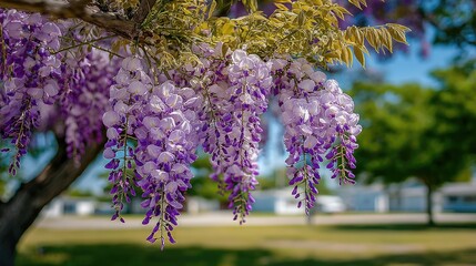 Wisteria blossoms in spring sunlight