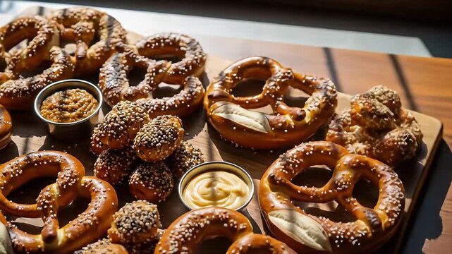 Pretzels and pretzel bites with mustard and cheese sauces, on wooden board, light source