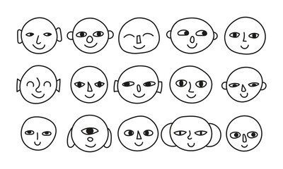 Round abstract comic Faces with various Emotions. Crayon drawing style. Different colorful characters. Cartoon style. Flat design. Hand drawn trendy Vector illustration. Every face is isolated