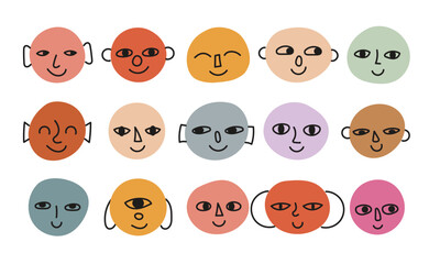 Round abstract comic Faces with various Emotions. Crayon drawing style. Different colorful characters. Cartoon style. Flat design. Hand drawn trendy Vector illustration. Every face is isolated